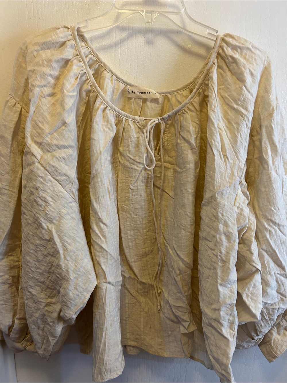 By Together Cream Gauze Peasant Blouse with Tie Neck